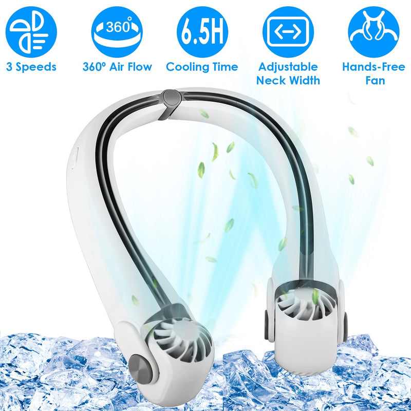 White-Green Options -- 1Pc Portable Neck Hanging Fan Hands-free Cooling Personal Fan With 3 Speeds 360 Degree Air Flow Adjustable Neck Width For Home Office Travel Dormitory